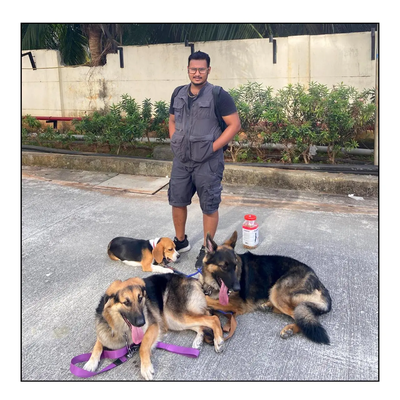 Praveen Shankar with three dogs